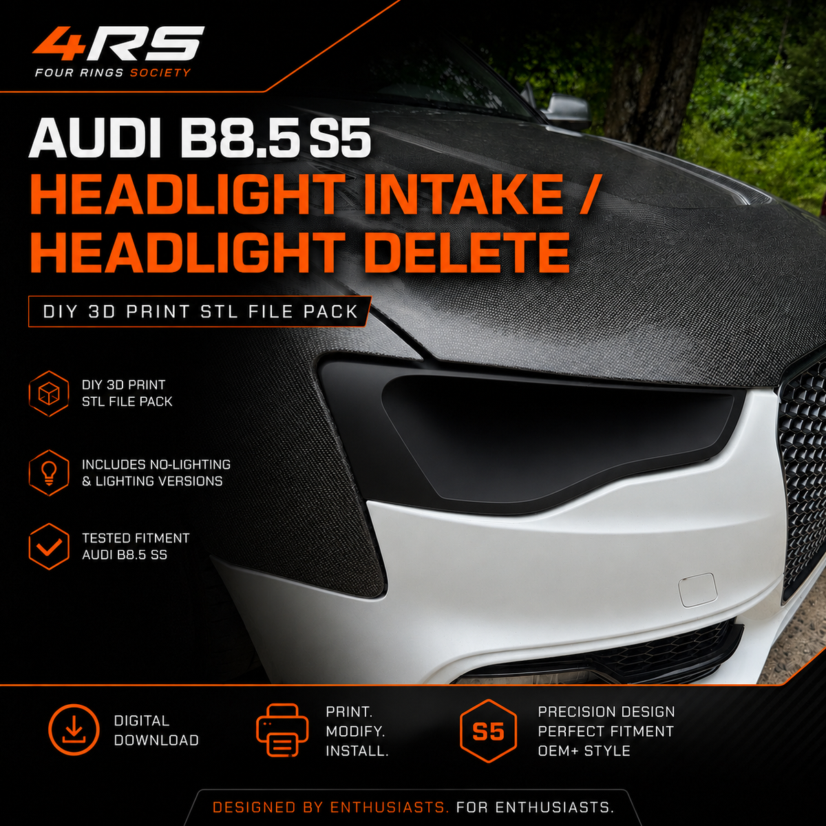 2013–2017 Audi B8.5 S5 Headlight Intake / Headlight Delete – DIY 3D-Printable STL File Pack